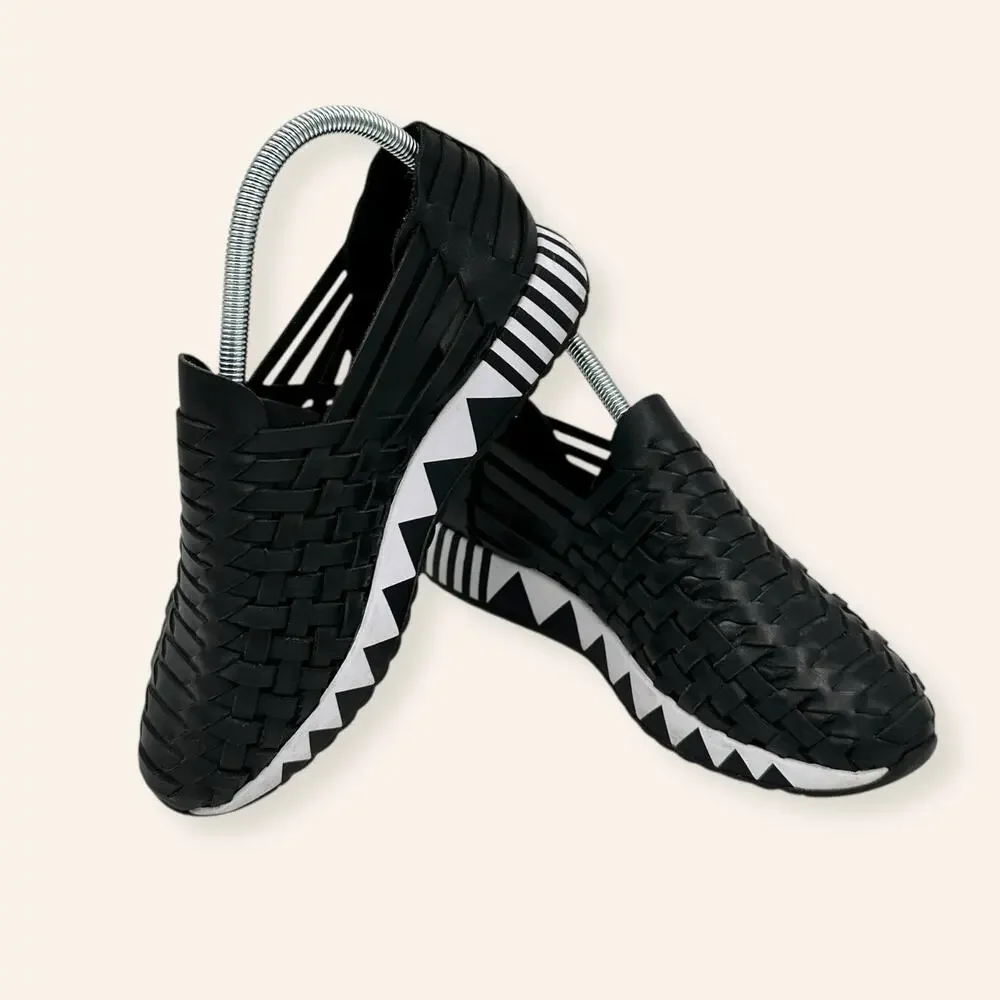 Tory Burch Woven Huarache Leather Slip-On Sneakers Black Sz 8